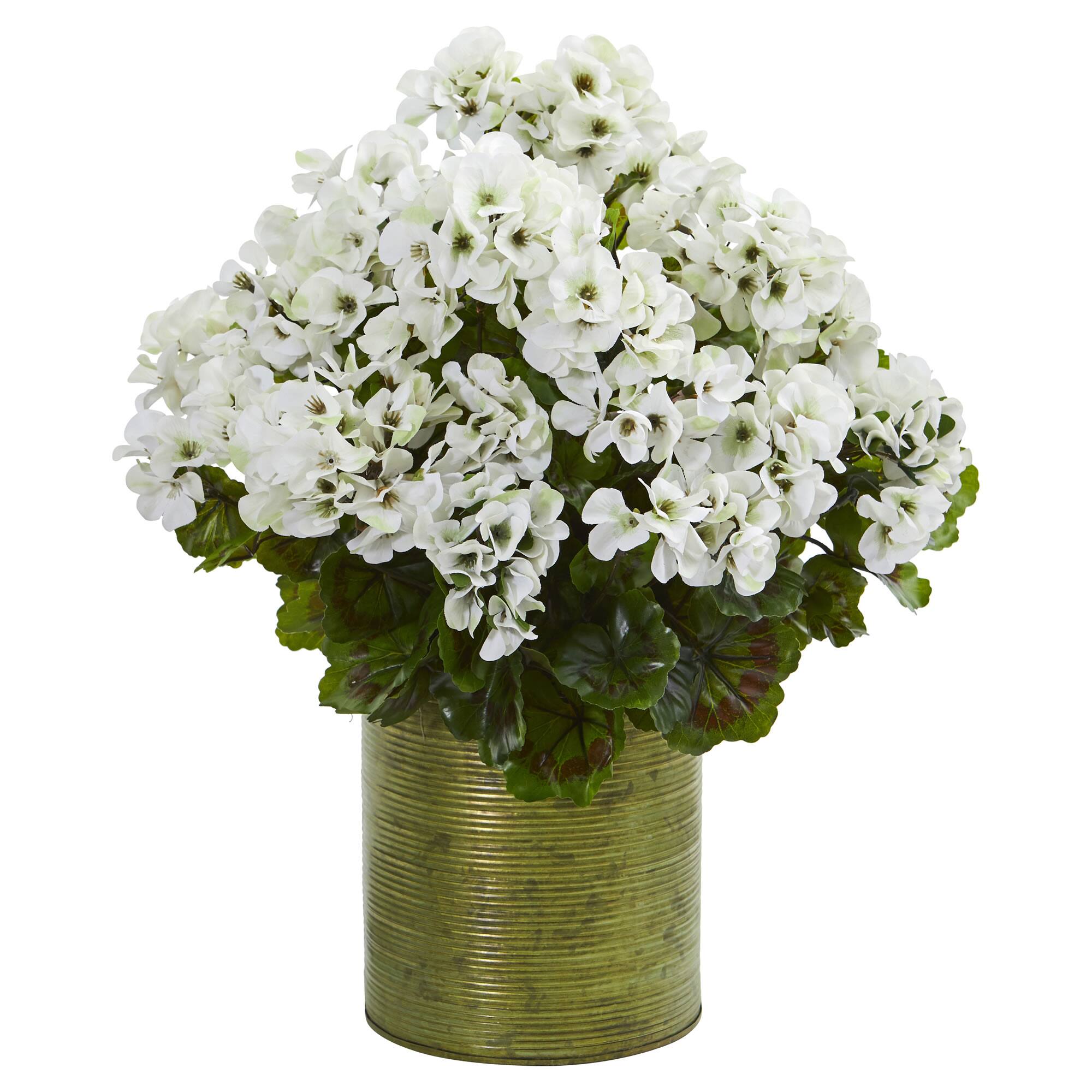 20" White UV Resistant Geranium Artificial Plant in Metal Planter
